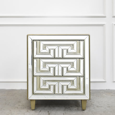Venetian, Geometric symmetry hand-cut mirrored cabinets evokes a mid century modern art deco design, or simply plays up an old Hollywood vintage glamour.