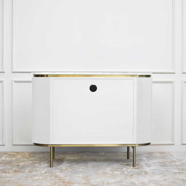 Back view of Ivory 2 Door Console table with storage and grommet hole for wires.