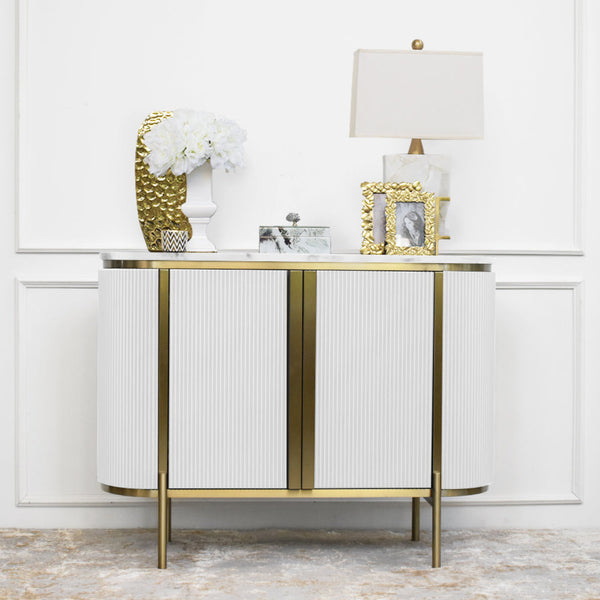 Verity 2-Door Marble Sideboard with White and Gold Decor Ideas for Modern Luxury Theme Home Design.