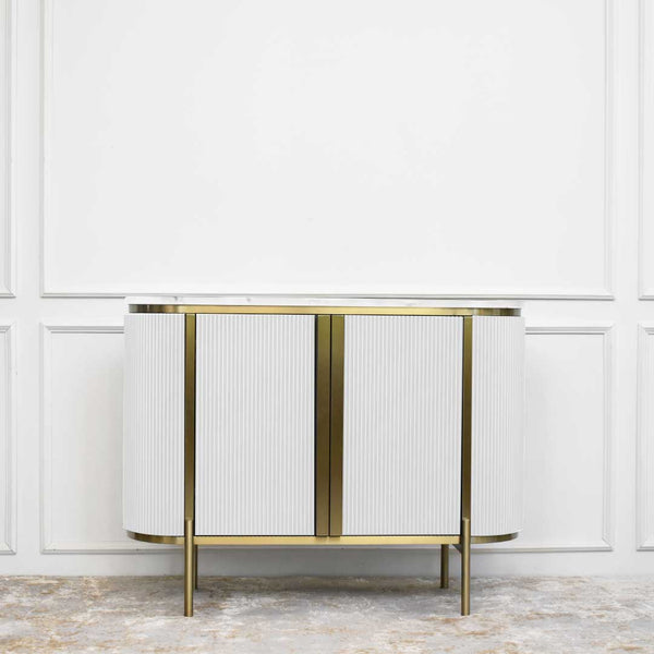 Verity 2-door Cabinet in Marble White and Gold Curved Sideboard Sides.