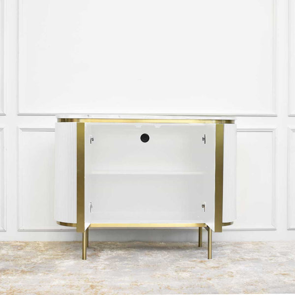 Opened doors of the Verity cabinet, the perfect entryway cabinet to store your necessities. 