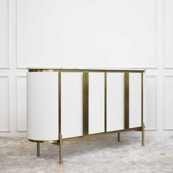 4-door Cabinet Sideboard in White Marble and Gold Details displayed with Luxury Rug Collection.