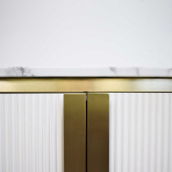 Close up of the Brushed handles and stainless steel fixtures and hand painted door panels.