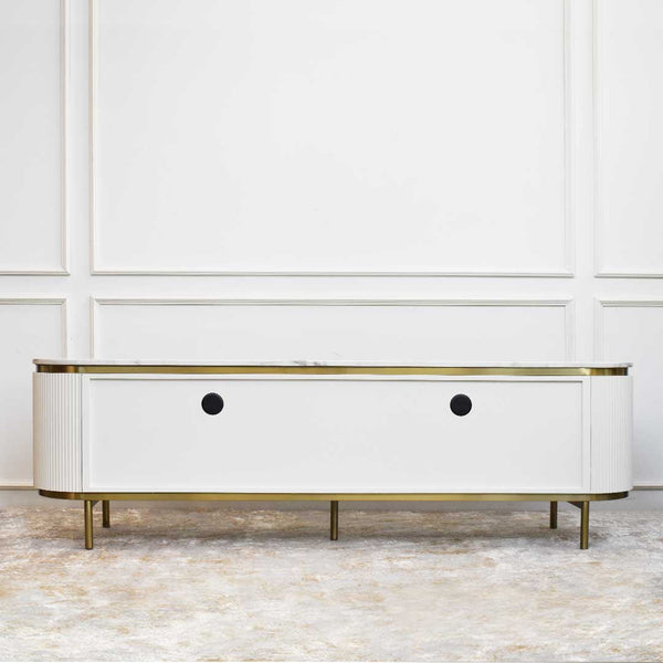 Back view of the Verity TV console, smooth ivory white solid wood with two Grommet holes at the back for wire and cable management.