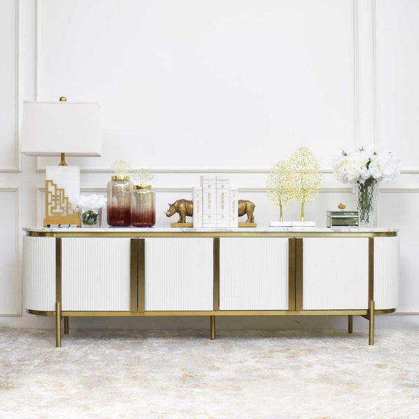 White Snow Peony Flower arrangement on Verity TV console for a fresh look.