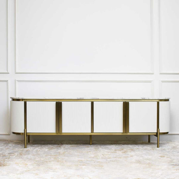 Verity TV console, gorgeous Cultured White Carrara Marble top, Hand-painted door panels in varying ivory white hues and intensities, detailing hand-painted brushed strokes effects finish for a vivid vintage appearance.