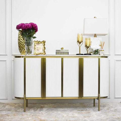 Verity Ivory 4-door Sideboard with White Gold Decor Ideas for Modern Luxe Home Design.