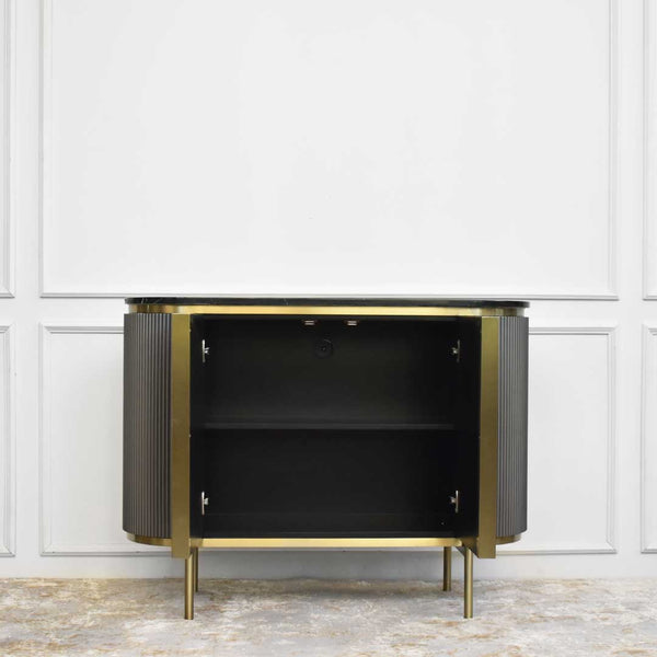 Open doors of the Verity Grey 2 Door sideboard, Two inner shelving compartments.