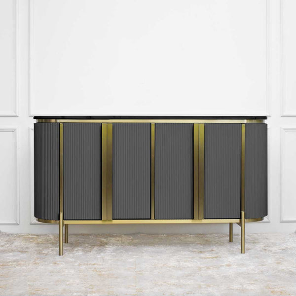 Verity Grey 4 Door Cabinet Sideboard, Champagne Gold Detailing.