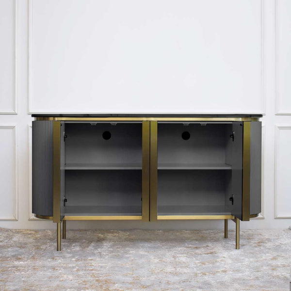 Open doors exposing the multiple shelving compartments of the Grey verity cabinet sideboard.