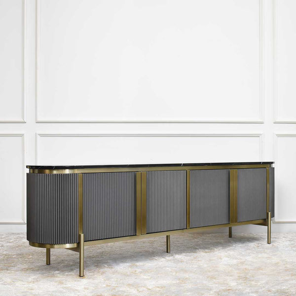 The Verity TV console features hand-crafted lined silhouette, hand-painted with neutral palette grey mix tones finish.