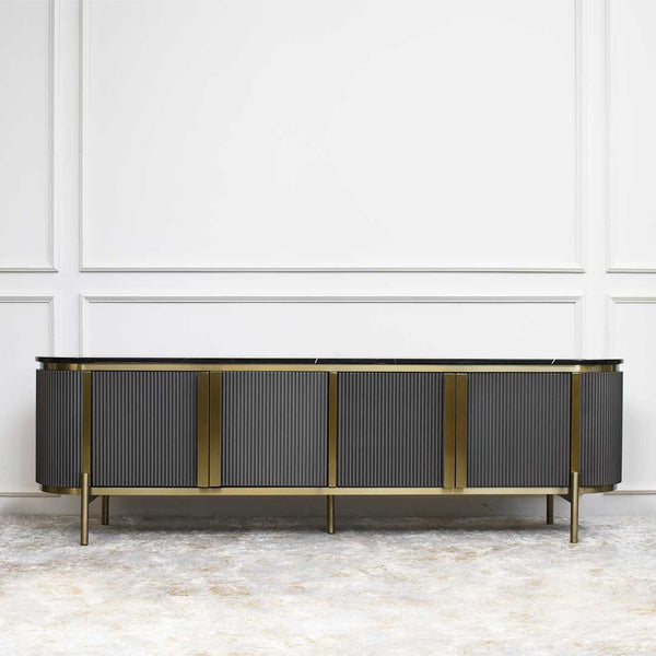 Verity Marble 4-door TV Console in Charcoal Grey with Gold Handles Details on Display at Finn Avenue Showroom.