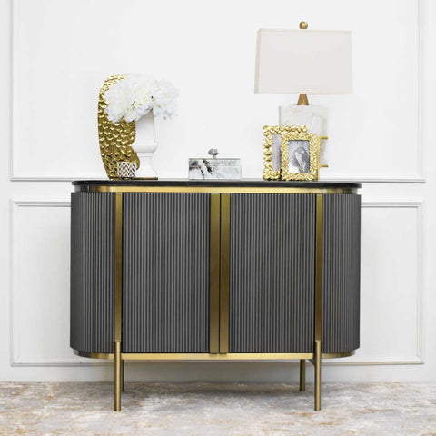 Verity Grey Gold Sideboard Curved with Decor Ideas for Modern Luxury Living Room Home Design.