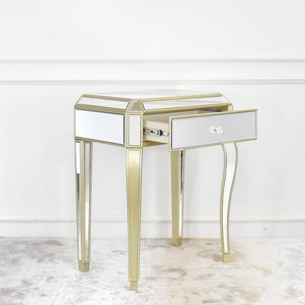 Side view of Couture vanity table opened drawer details with crystal knob.