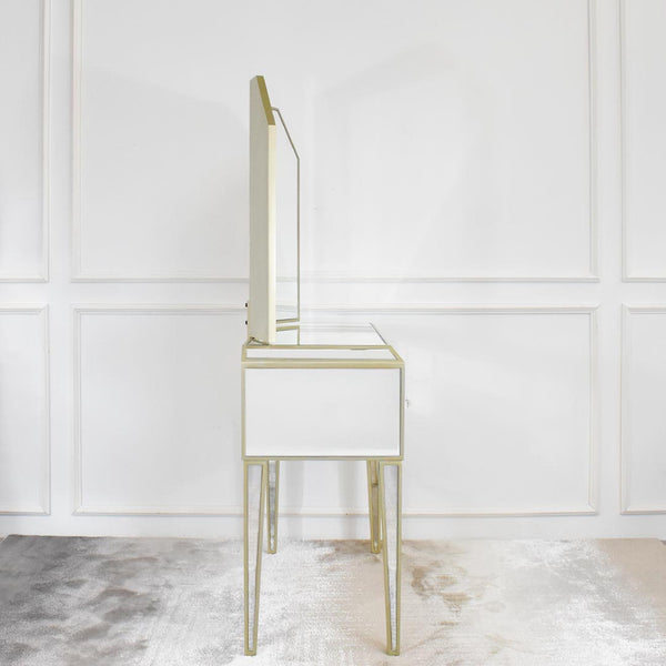 Side view of the slim mirrored Marcie dresser.